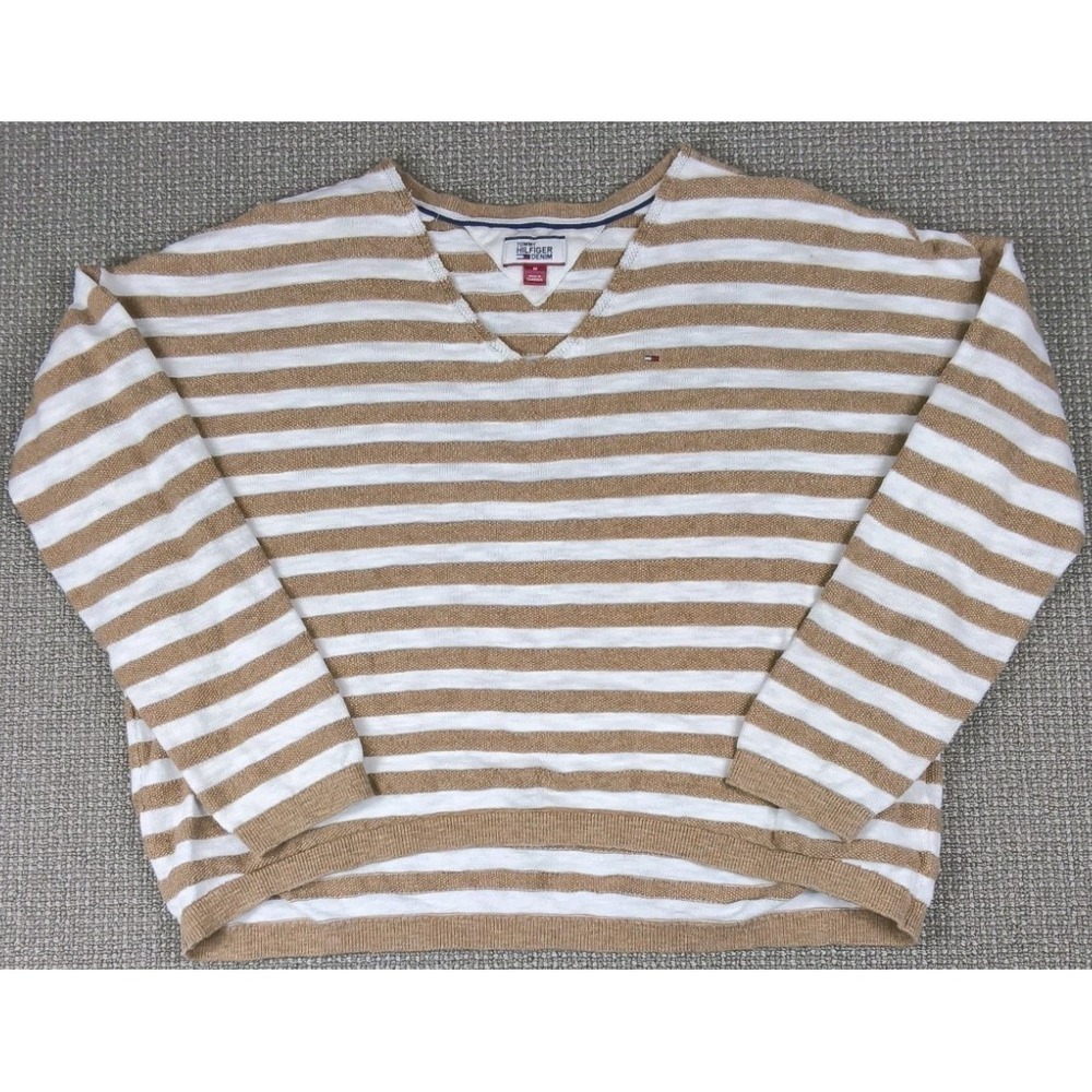 Tommy Hilfiger Co Jersey V-Neck Striped Sweater Tan White Knit Top Women Size M